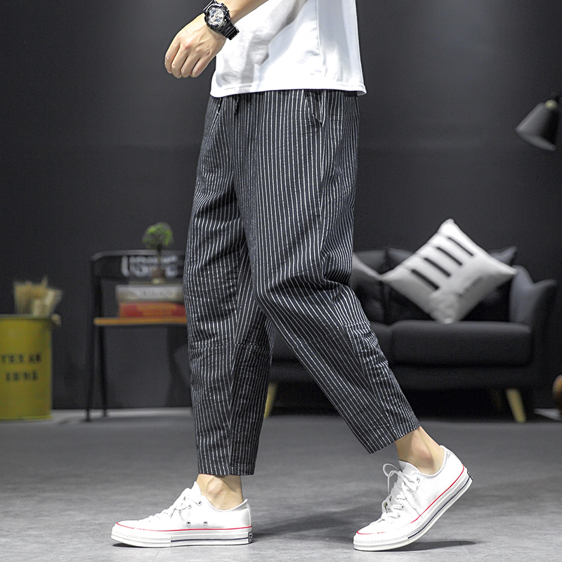 Casual pants for men: Summer, thin striped linen pants, trendy and versatile. Loose, straight, sporty, large-sized Harun 9-inch pants Specification image