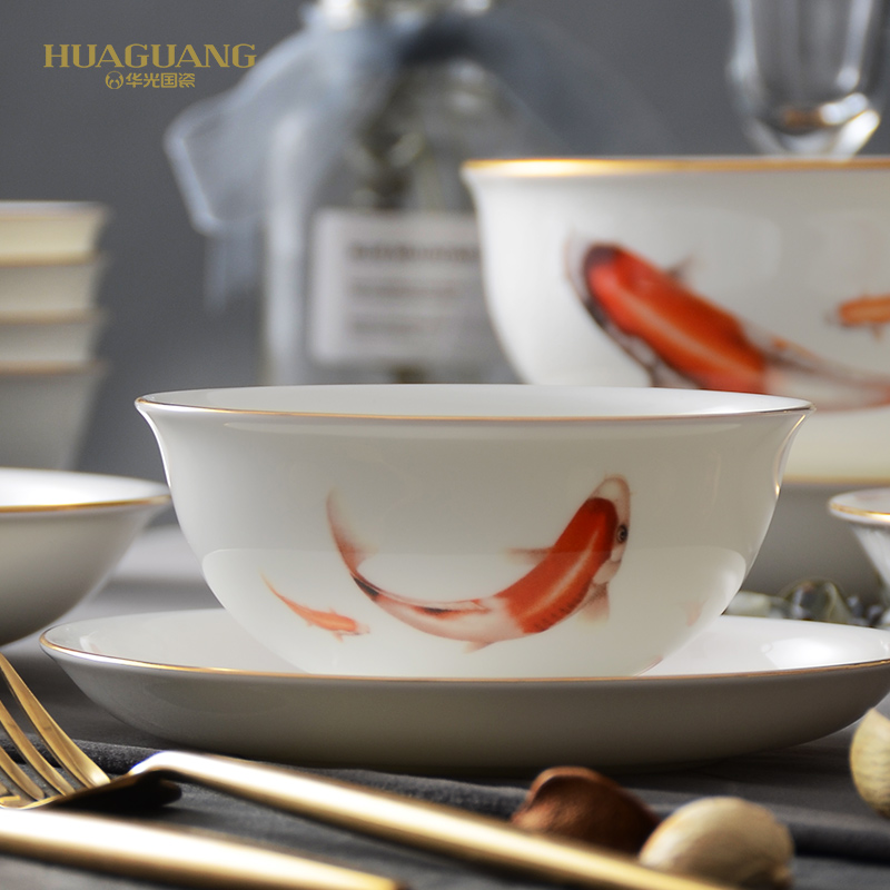 Huaguang National Porcelain Bowl and Plate Set, Bone China Tableware Set, Home high-temperature Glazed in-glaze Gift Box with 32 lucky fish for the New Year Specification image
