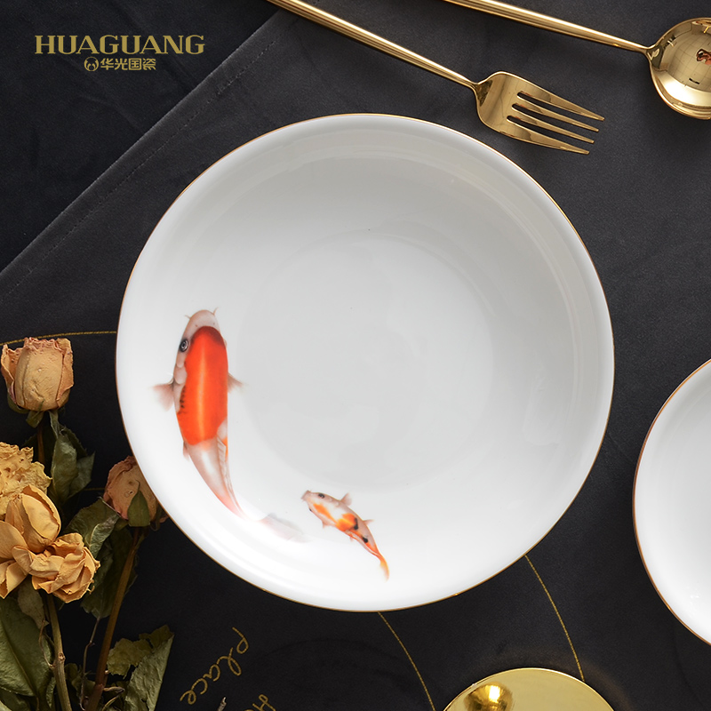 Huaguang National Porcelain Bowl and Plate Set, Bone China Tableware Set, Home high-temperature Glazed in-glaze Gift Box with 32 lucky fish for the New Year Application Scenario