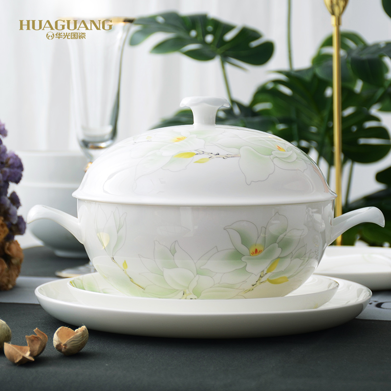 Huaguang Bone China and National porcelain glazed Mid-color Set of tableware 32-head / 46-head Magnolia Gift Box Item Picture