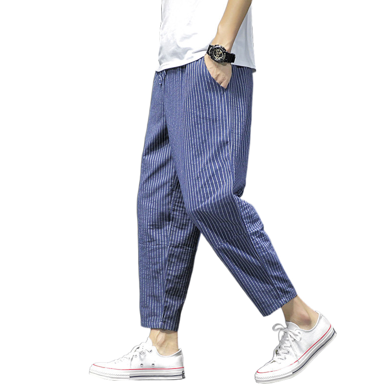 Casual pants for men: Summer, thin striped linen pants, trendy and versatile. Loose, straight, sporty, large-sized Harun 9-inch pants Item Picture