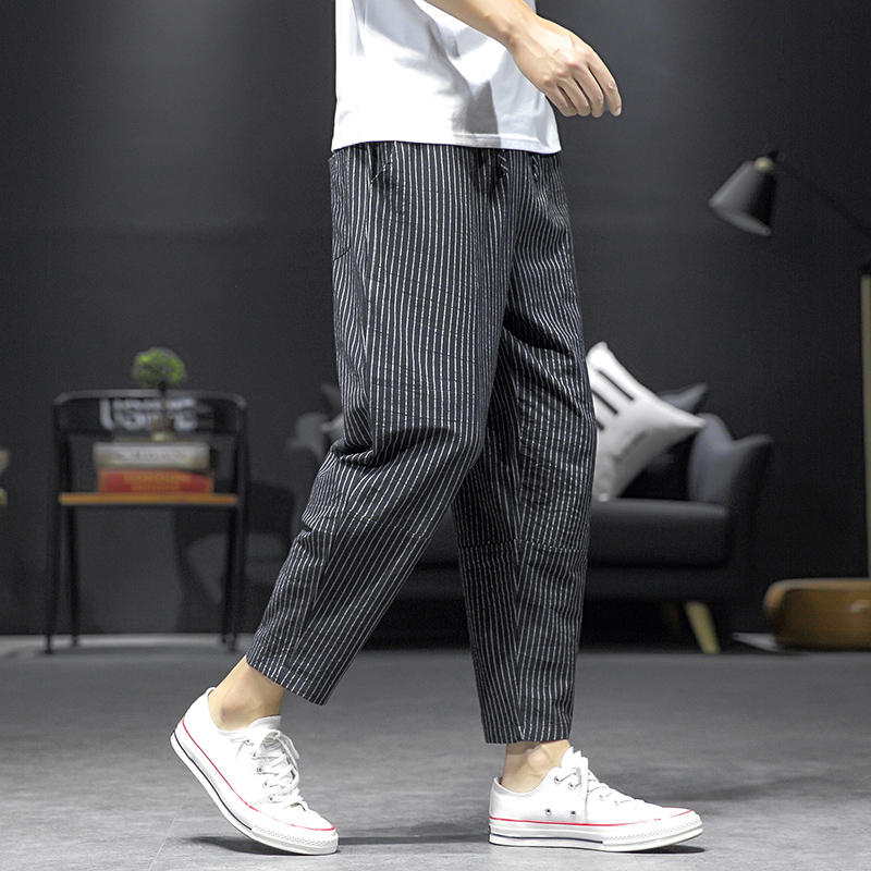 Casual pants for men: Summer, thin striped linen pants, trendy and versatile. Loose, straight, sporty, large-sized Harun 9-inch pants details Picture