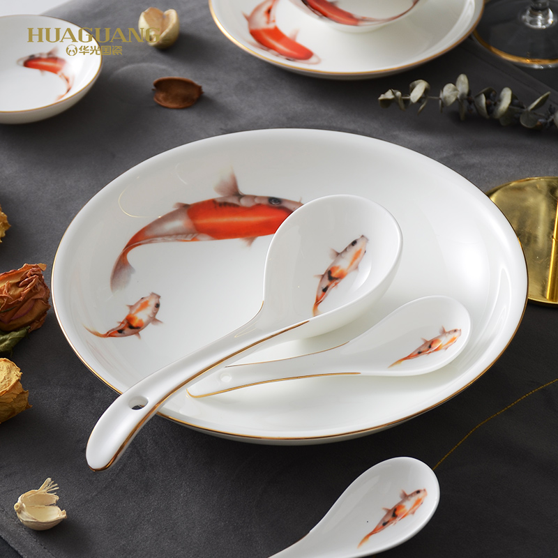 Huaguang National Porcelain Bowl and Plate Set, Bone China Tableware Set, Home high-temperature Glazed in-glaze Gift Box with 32 lucky fish for the New Year Item Picture