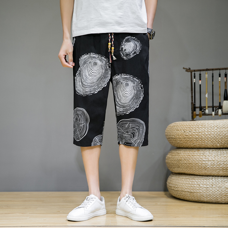 Linen shorts, men's summer thin slits, breathable casual printed mid-length pants, men's equestrian pants, 60% to 70% beach pants Application Scenario