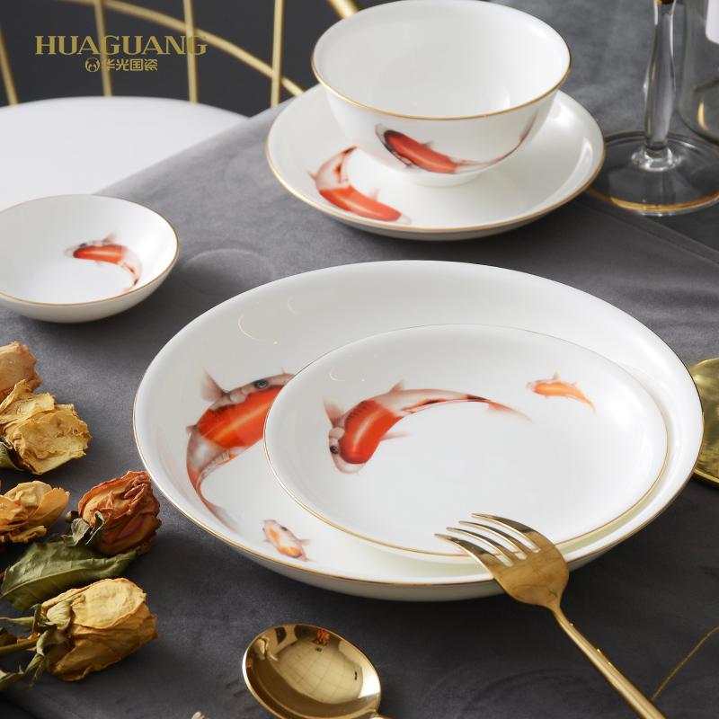 Huaguang National Porcelain Bowl and Plate Set, Bone China Tableware Set, Home high-temperature Glazed in-glaze Gift Box with 32 lucky fish for the New Year details Picture