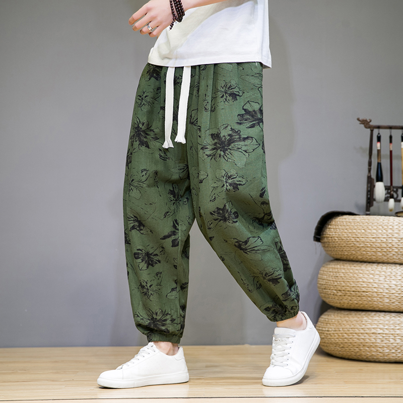 Men's 9-inch pants, thin linen baggy pants, summer loose tight-fitting Harun casual pants, plate-size beach flower pants Application Scenario