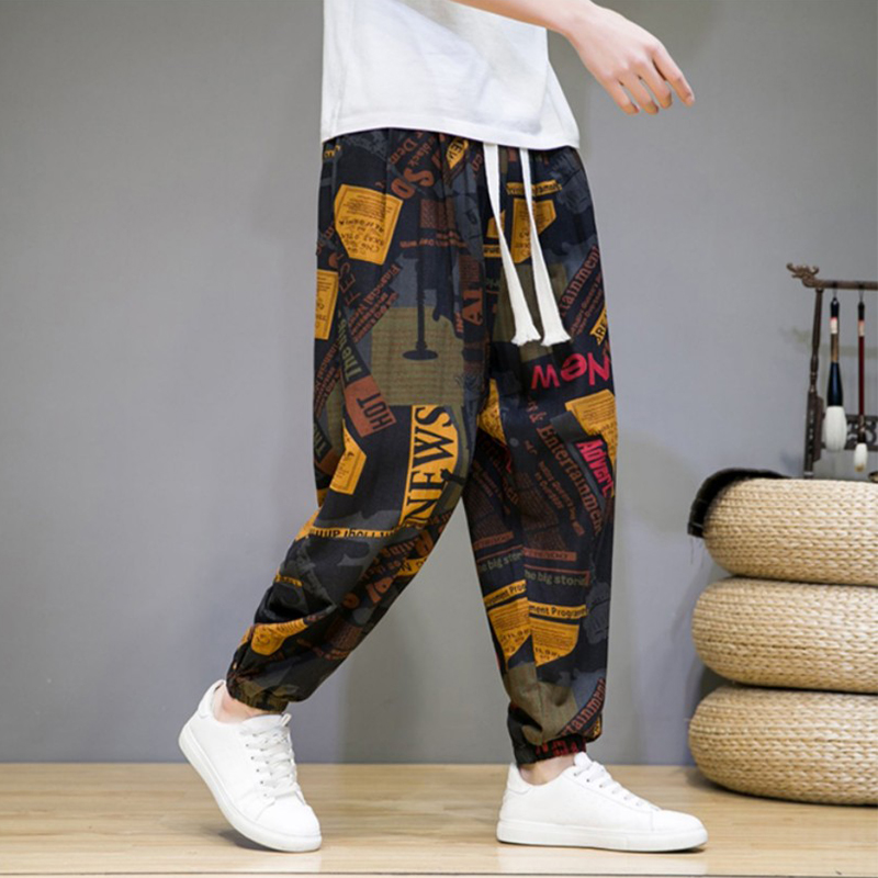 Men's 9-inch pants, thin linen baggy pants, summer loose tight-fitting Harun casual pants, plate-size beach flower pants Specification image