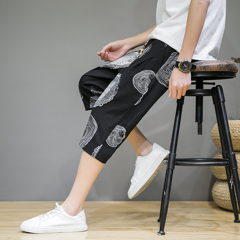 Linen shorts, men's summer thin slits, breathable casual printed mid-length pants, men's equestrian pants, 60% to 70% beach pants Specification image