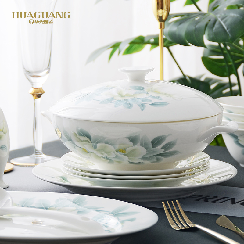 Huaguang National Porcelain Bone China Bowl and Plate Set, Household Tableware Set, New Chinese-style Glazed Color Gift Box, Elegant Autumn Charm