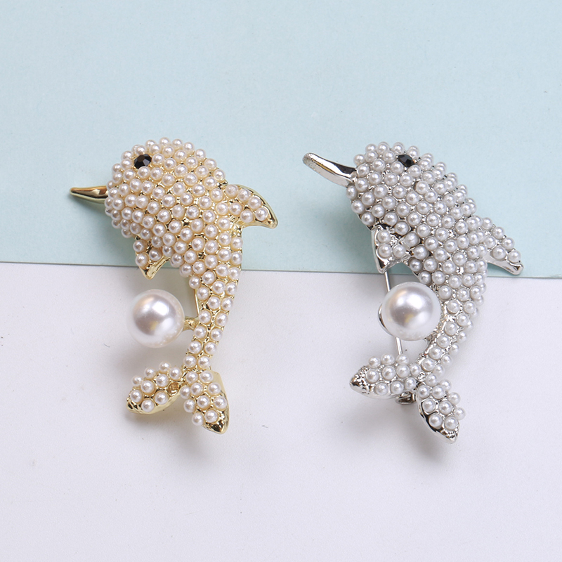 Factory direct sales of creative and light luxury Korean version new best-selling cartoon pearl dolphin money tree light luxury water diamond creative retro brooch simple and fashionable accessory pin in stock details Picture