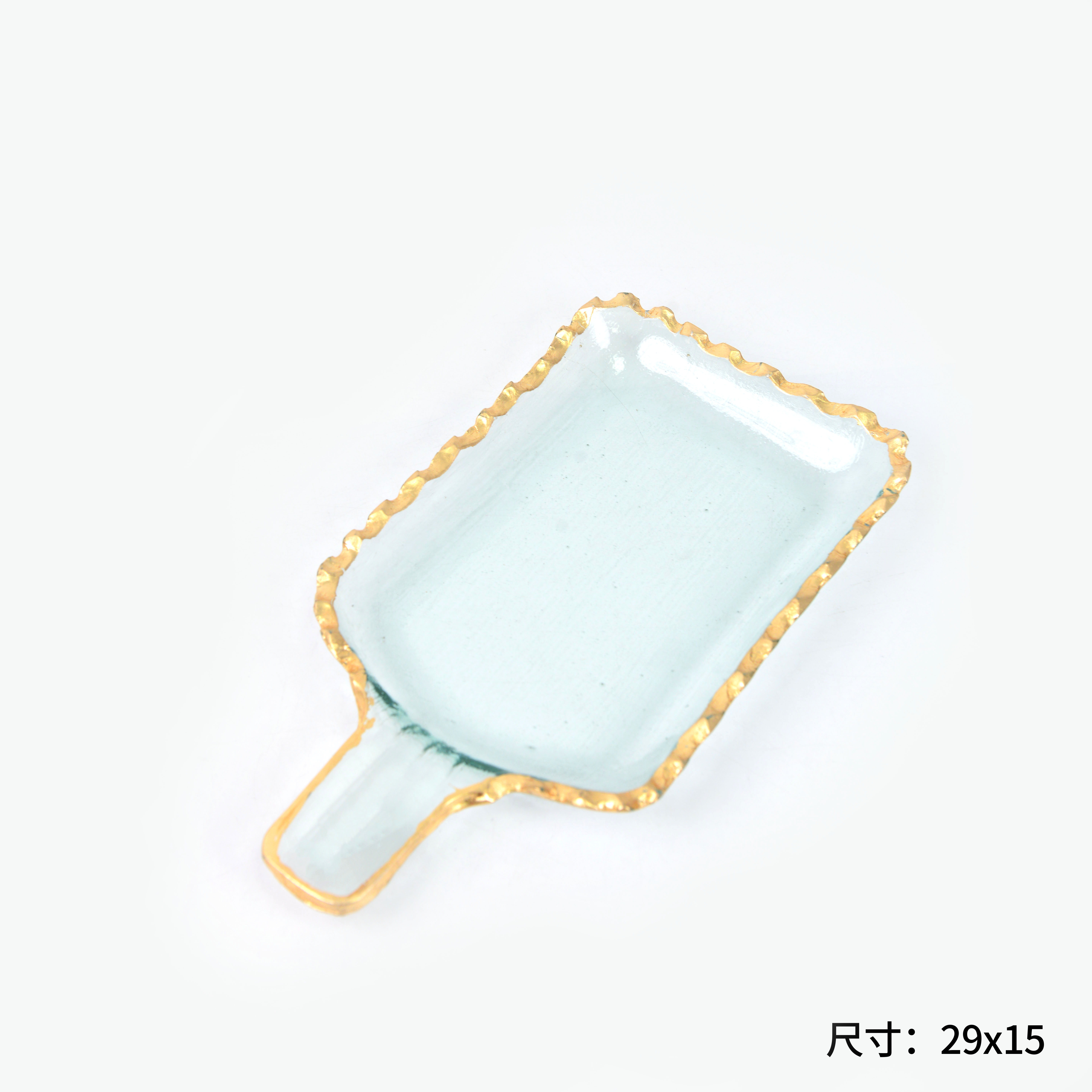 The square transparent gold-rimmed glass fruit plate has a handle Specification image