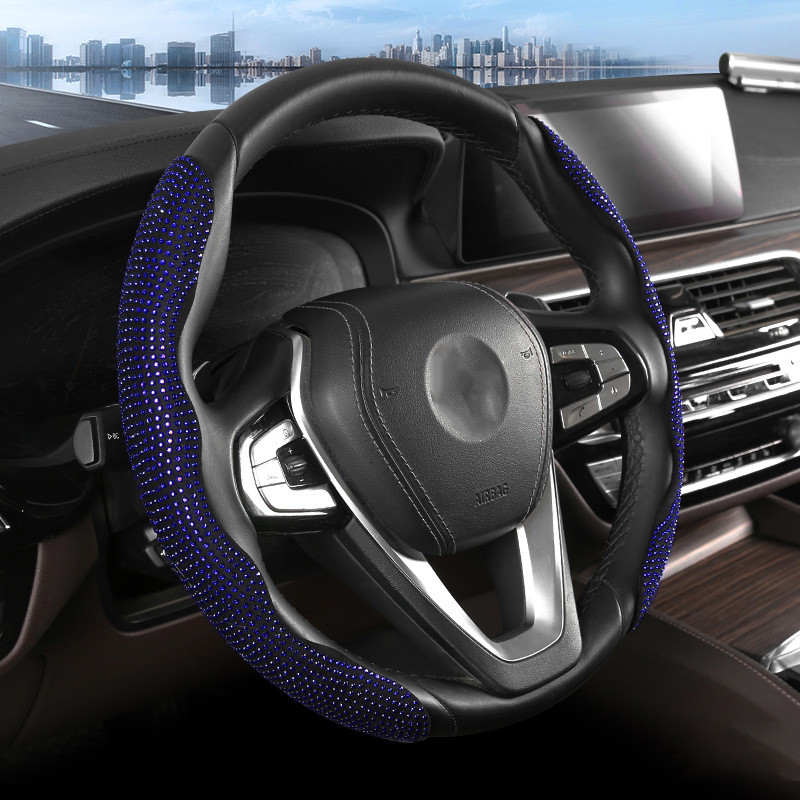 Suede car steering wheel cover, diamond-encrusted snap-on cover, sweat-absorbing and anti-slip handlebar cover, all-season universal QW92 details Picture