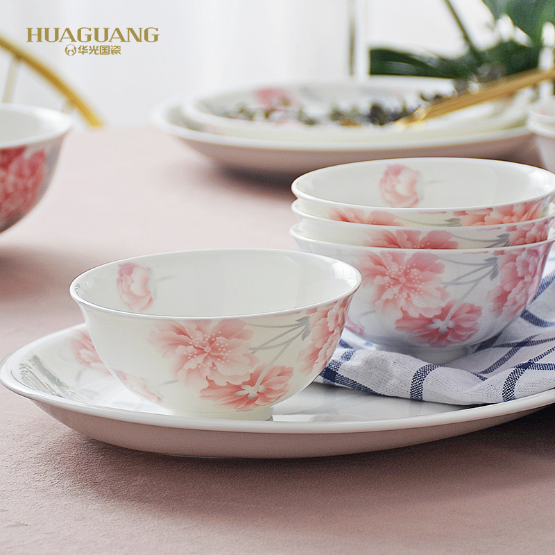 Huaguang National Porcelain Bone China Bowl and Plate Set, Household Tableware Set, New Chinese-style Glazed Color Gift Box, Romantic Dawn Specification image