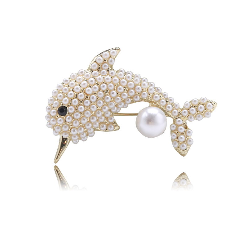 Factory direct sales of creative and light luxury Korean version new best-selling cartoon pearl dolphin money tree light luxury water diamond creative retro brooch simple and fashionable accessory pin in stock Item Picture