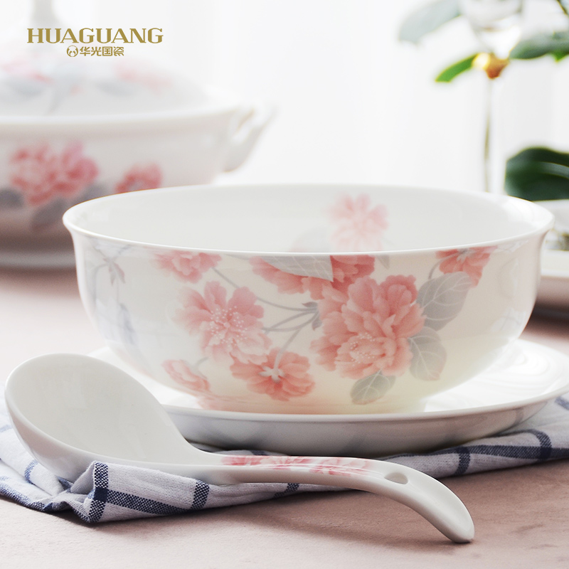 Huaguang National Porcelain Bone China Bowl and Plate Set, Household Tableware Set, New Chinese-style Glazed Color Gift Box, Romantic Dawn details Picture