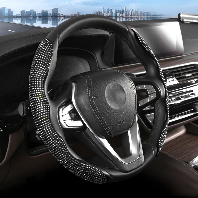 Suede car steering wheel cover, diamond-encrusted snap-on cover, sweat-absorbing and anti-slip handlebar cover, all-season universal QW92 Specification image