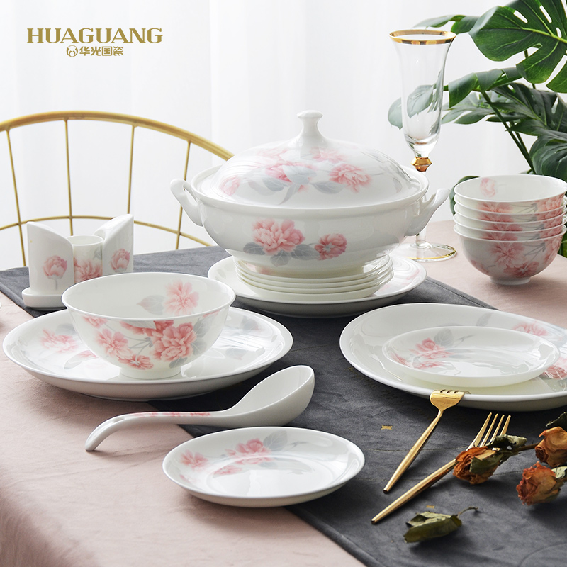 Huaguang National Porcelain Bone China Bowl and Plate Set, Household Tableware Set, New Chinese-style Glazed Color Gift Box, Romantic Dawn Item Picture