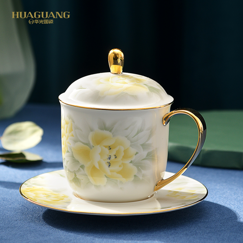 Huaguang National Porcelain Qiankun Lid Cup, tea cup and tea set, underglaze color: Prosperity and blooming with Gold details Picture