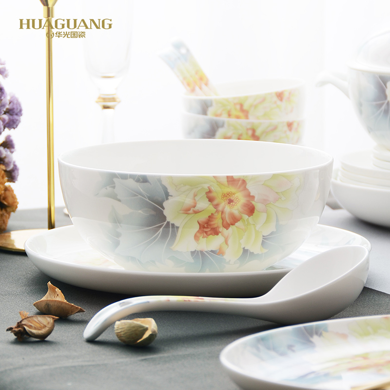 Huaguang National Porcelain Bone China Bowl and Plate Set, Household Tableware Set, New Chinese-style Glazed Color Gift Box, Lotus Under the Moon details Picture