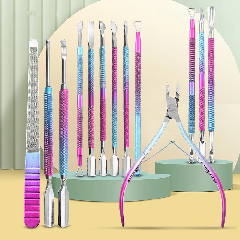 Stainless steel dual-color gradient steel nail planer, nail remover, dead skin fork, dead skin remover, nail clipper, file, nail art tools shanilak