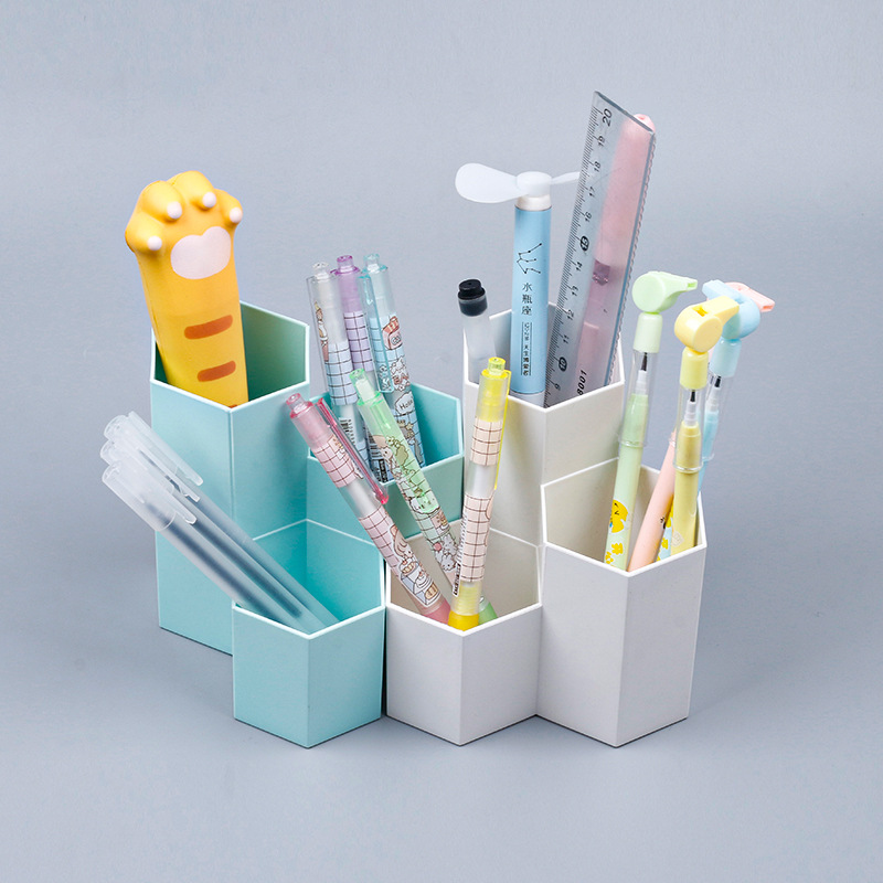简约彩色笔筒创意时尚无印风儿童学生文具收纳盒桌面办公整理神器六角形笔筒组合化妆刷收纳摆件笔筒家居房间办公桌装饰品批发