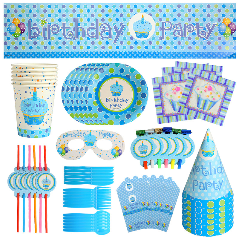 跨境供应跨境儿童生日聚会主题派对套装纸杯纸盘刀叉装饰布置餐具