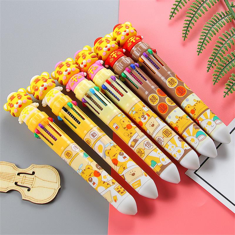 创意老虎按动十色圆珠笔可爱学生文具10色笔彩色手账笔多色油性笔图