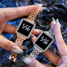 韩版方形镶钻led简约钢带触摸女士腕表休闲时尚女潮流电子手表