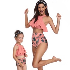 欧美时尚新款女士儿童分体泳衣比基尼亲子泳衣儿童泳衣厂家直销沙滩衣粉色同系列