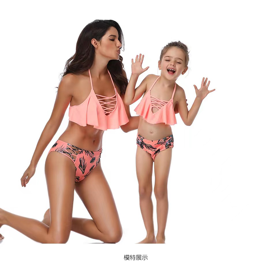 欧美时尚新款女士儿童分体泳衣比基尼亲子泳衣儿童泳衣厂家直销沙滩衣粉色同系列详情图2
