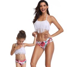 欧美时尚新款女士儿童分体泳衣比基尼亲子泳衣儿童泳衣厂家直销沙滩衣白色同系列