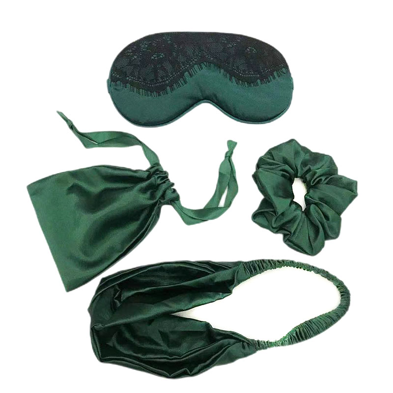 绿色高档仿真丝眼罩4件套装柔软丝滑遮光眼罩收纳袋发圈蕾丝装饰套装