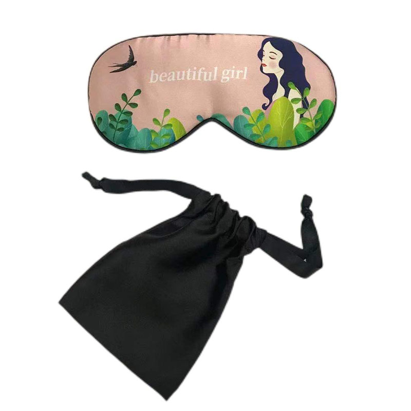 漂亮女孩印花仿真丝缎面眼罩2件套装柔软丝滑遮光睡眠眼罩收纳袋旅行套装