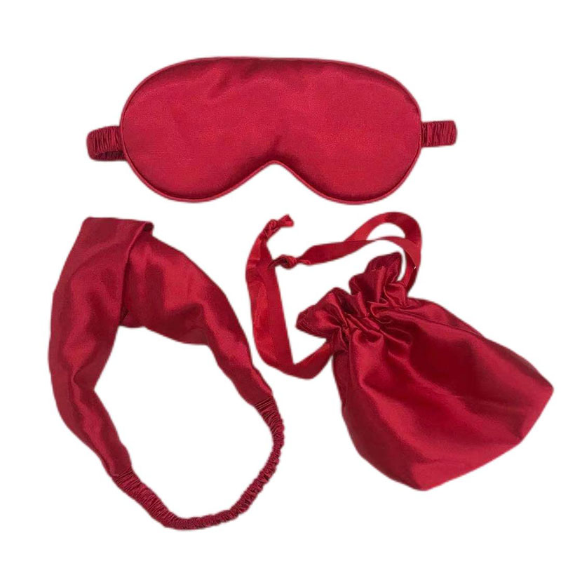 高档大红色仿真丝眼罩3件套装柔软丝滑遮光眼罩收纳袋发圈装饰套装图