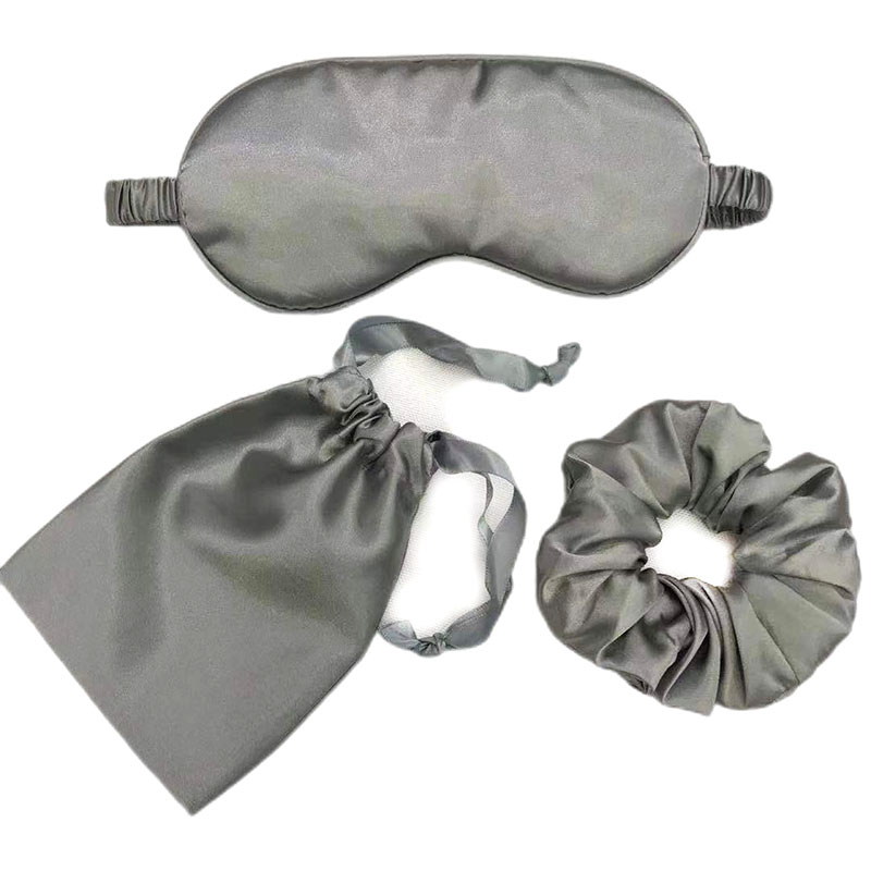 Grey silk-like eye mask 3-piece set, soft and smooth eye mask storage bag, hair band, light-blocking decoration set