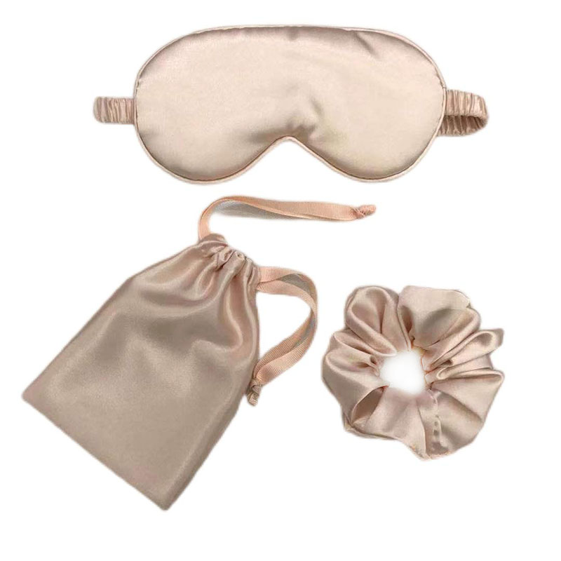 高档仿真丝眼罩3件套装柔软丝滑遮光眼罩收纳袋发圈装饰套装