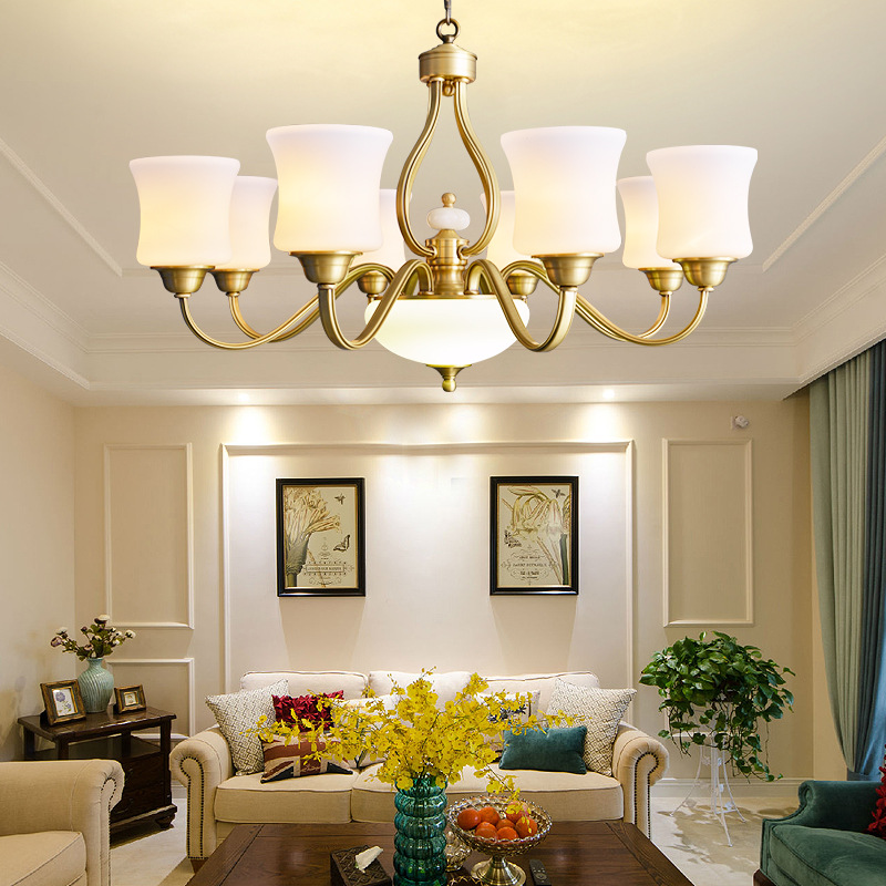 美式全铜客厅玉石吊灯 欧式玻璃餐厅卧室灯大气复古LED灯一件代发