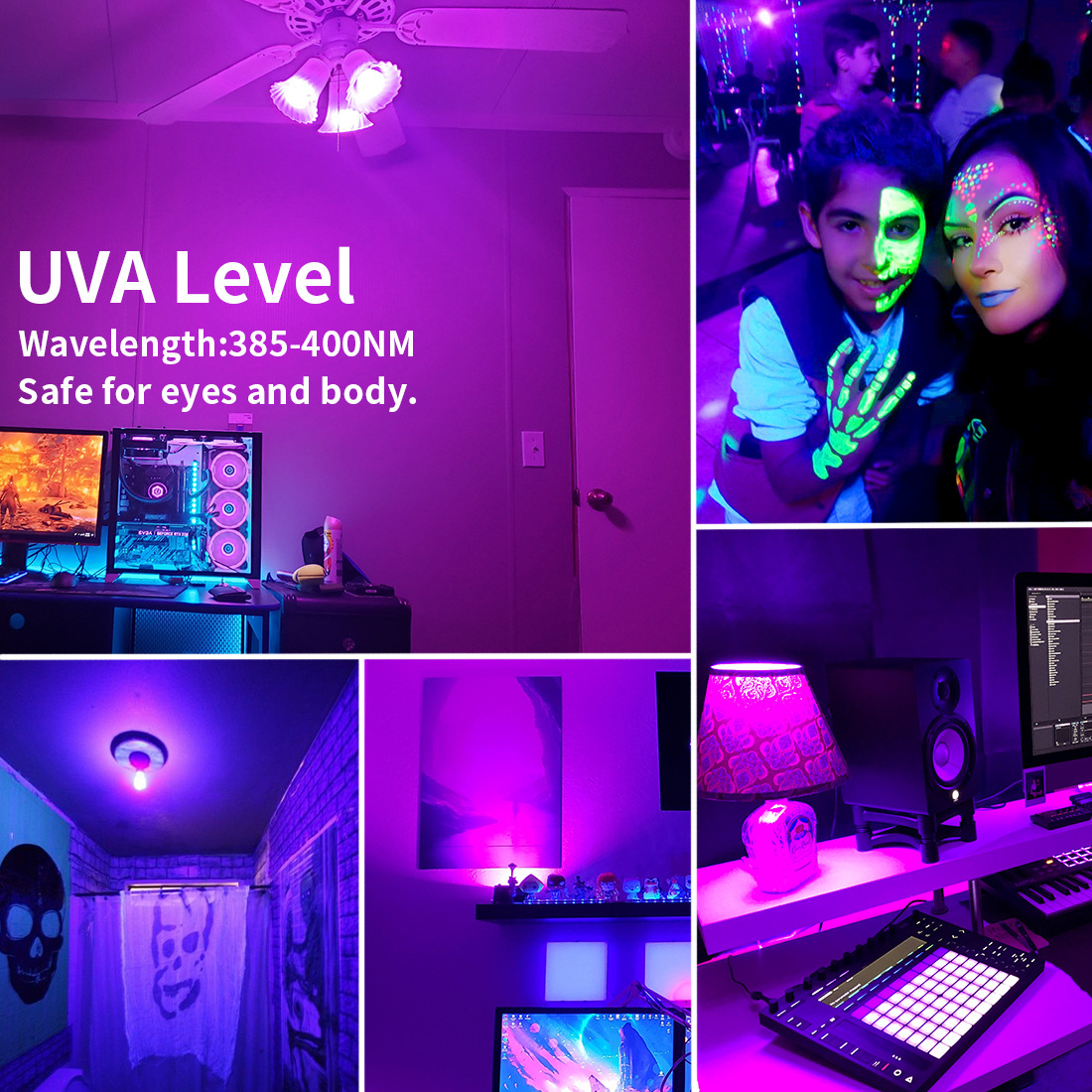 UV purple light black bulb 385-400nm, 9W plastic-coated aluminum transparent cover, hotel, party, haunted house fluorescent atmosphere decoration details Picture