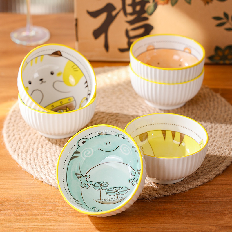 卡通动物碗家用可爱陶瓷高颜值饭碗吃饭创意瓷碗餐具6件套套装碗
