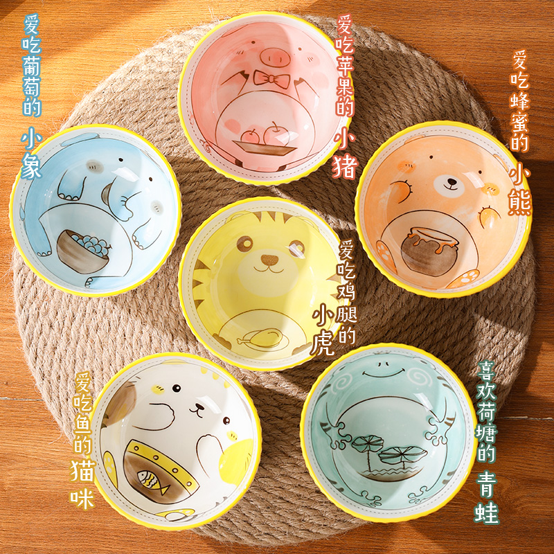 Cartoon animal bowl, household cute ceramic bowl with high appearance level, creative porcelain bowl tableware 6-piece set bowl Application Scenario