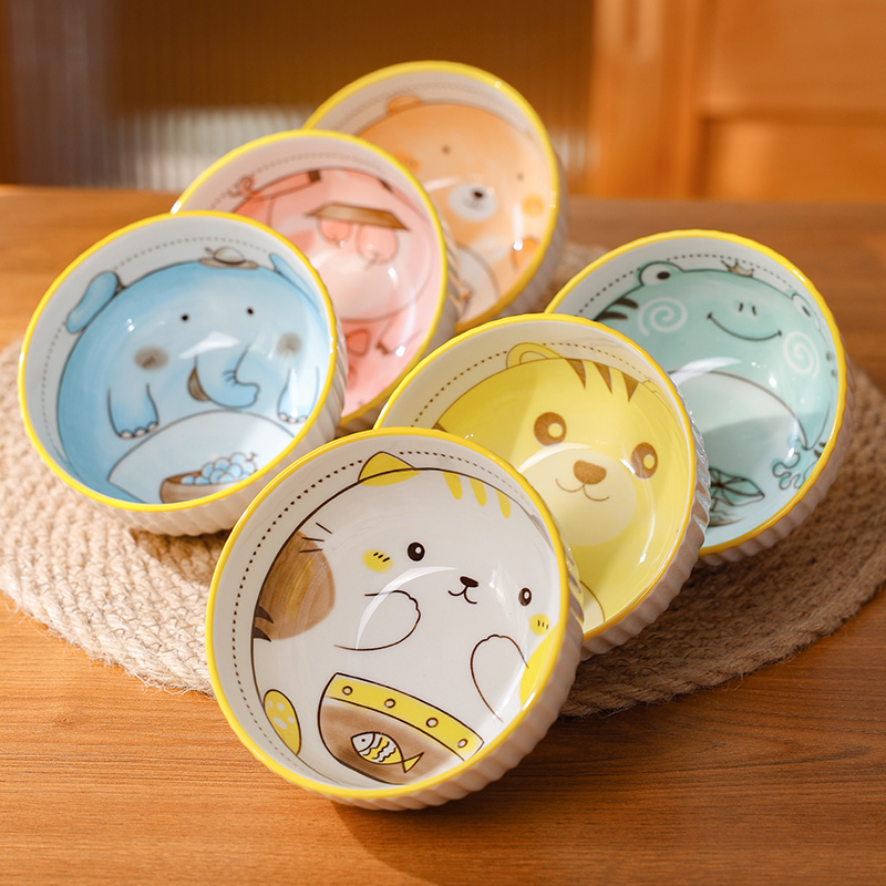 Cartoon animal bowl, household cute ceramic bowl with high appearance level, creative porcelain bowl tableware 6-piece set bowl details Picture