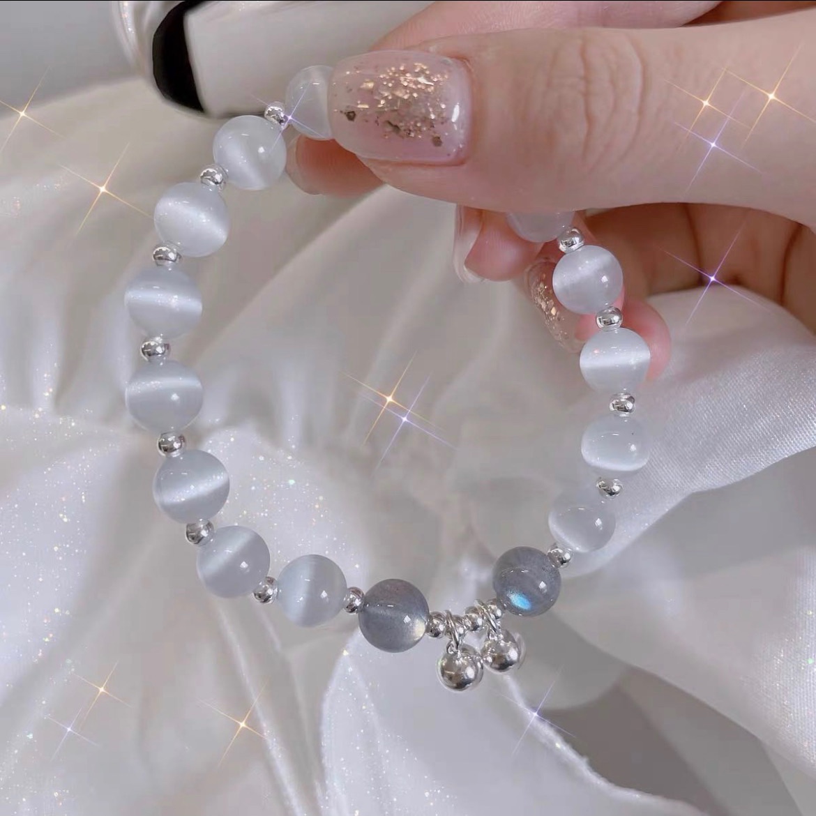 天然猫眼石水晶手链带铃铛一步一响网红爆款浪漫小清新ins风串珠手链闺蜜生日礼物图