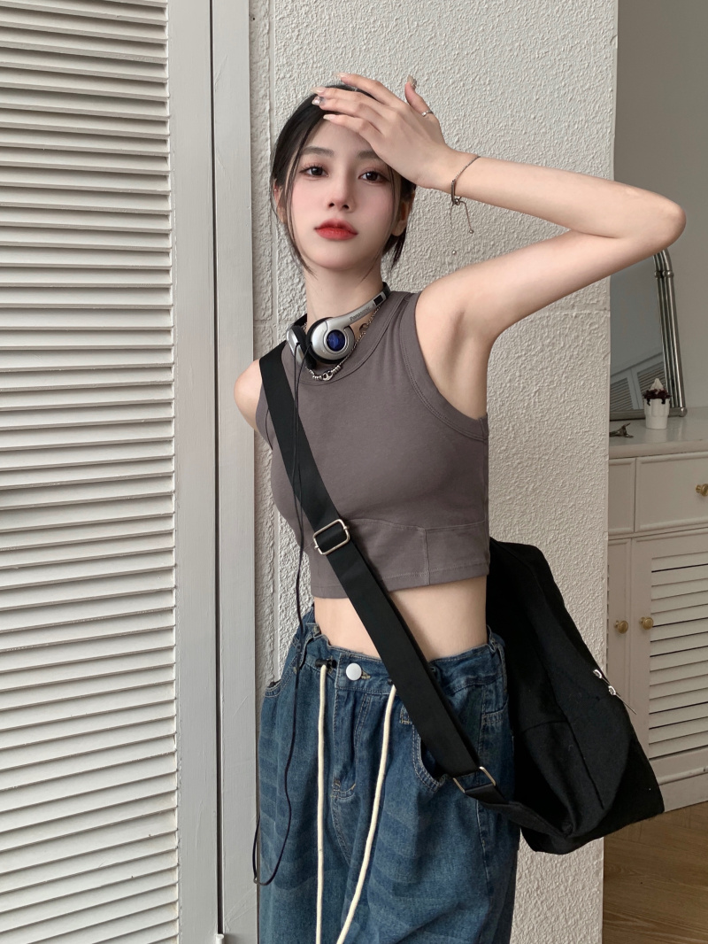 Green women's summer hot girl I-shaped sporty sleeveless slim short top for outerwear Specification image