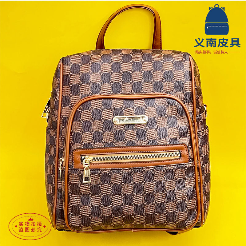 厂家直销2022新款潮流格纹背包女士双肩包PU撞色南美外贸旅行背包