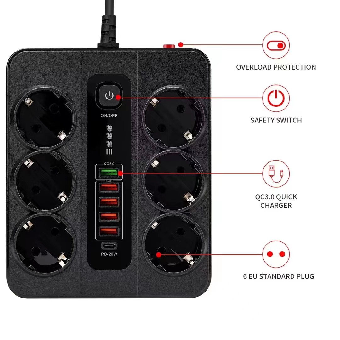 38W dual fast charging high-power socket, European German standard PD dedicated hole QC3.0 overload protection extension cable power strip details Picture