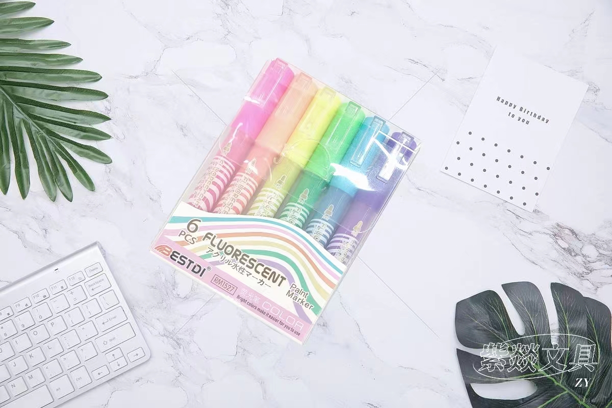 Water-based acrylic marker pen with fluorescent color series and short plastic tip Item Picture