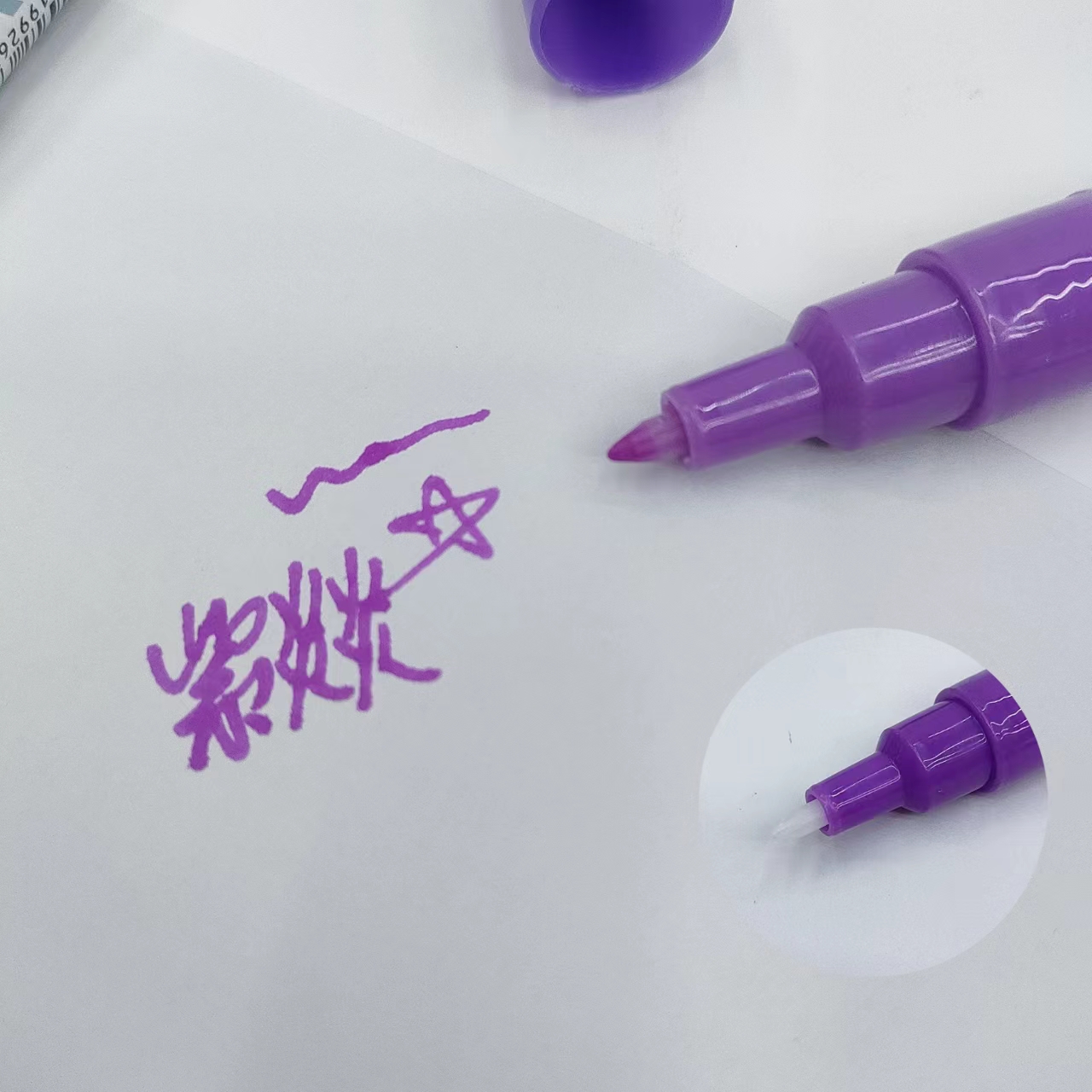 Water-based acrylic marker pen with fluorescent color series and short plastic tip Specification image