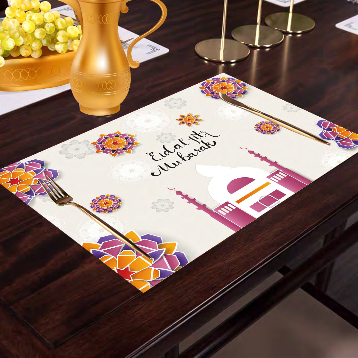 100%Polyster waterproof Western placemats, European heat insulation, Nordic home creative, personalized and eco-friendly placemats for Ramadan Muslim Festival details Picture