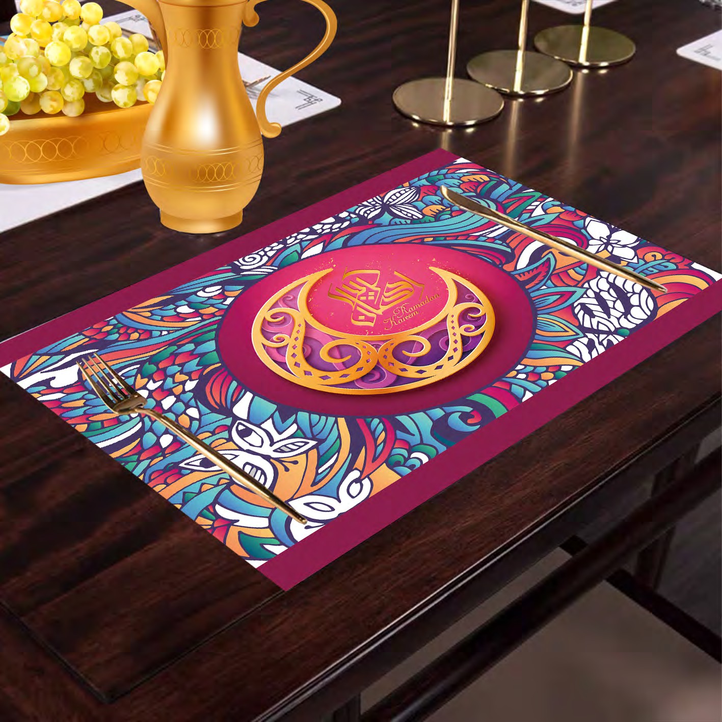 Ramadan Muslim American leather heat-insulated and water-filtered Western placemats, Nordic household bowls and cups, 100%Polyster creative eco-friendly table MATS Specification image