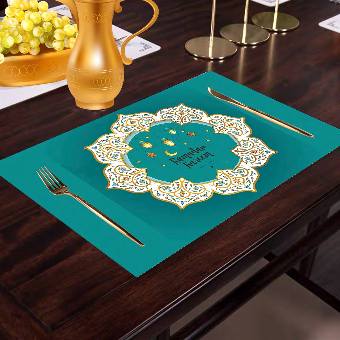 100%Polyster waterproof Western placemats, European heat insulation, Nordic home creative, personalized and eco-friendly placemats for Ramadan Muslim Festival Specification image